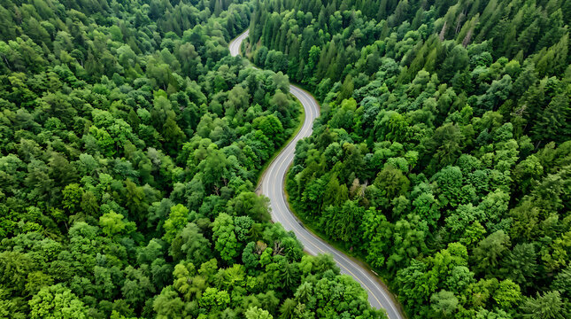 Winding asphalt road snakes through dense vibrant green forest captured from a high aerial perspective view