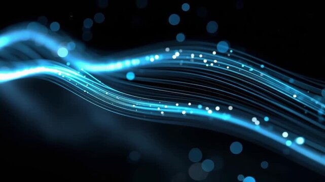 Glowing blue light streaks flow through darkness, creating a mesmerizing abstract visual of energy and motion. ..Created with Generative AI, not depicting real subjects.