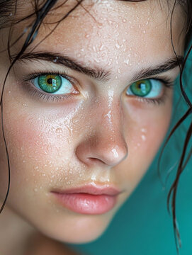 Close up beauty portrait of a young woman with striking green eyes, wet glowing skin and freckles, natural skincare and cosmetics concept