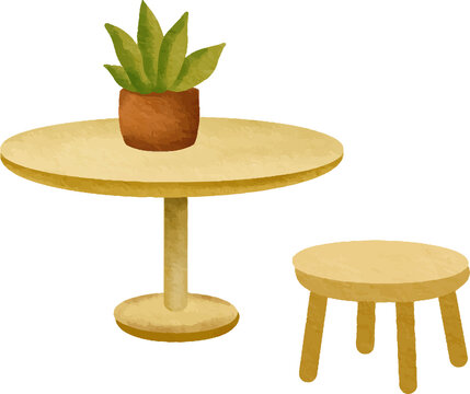 Round Table with Potted Plant and Stool