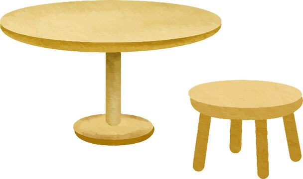 Round wooden table and stool