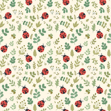 Seamless pattern with ladybug red black cute on cream with leaves flat vector kids nature perfect for textile wallpaper wrapping paper fabric packaging garden.