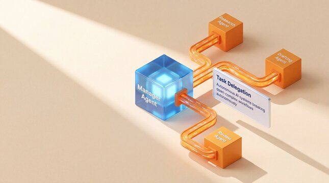 3D conceptual illustration of an autonomous AI manager agent delegating tasks to research, drafting, and review agents