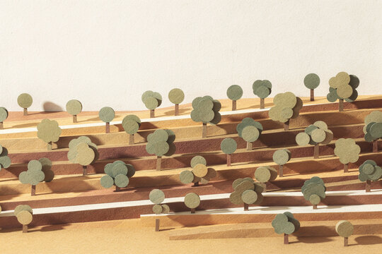 Layered Paper Craft Illustration of Terraced Hillside Orchard