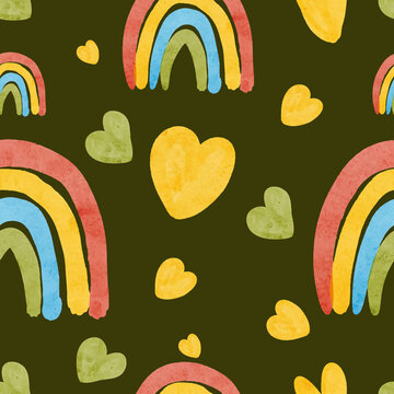 Watercolor Rainbow and Heart Pattern on Dark Background
