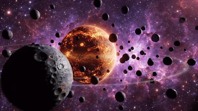Fiery Orange Planet and Dark Moons in Nebula - A large, glowing orange planet with molten surface textures is orbited by numerous dark, rocky moons.