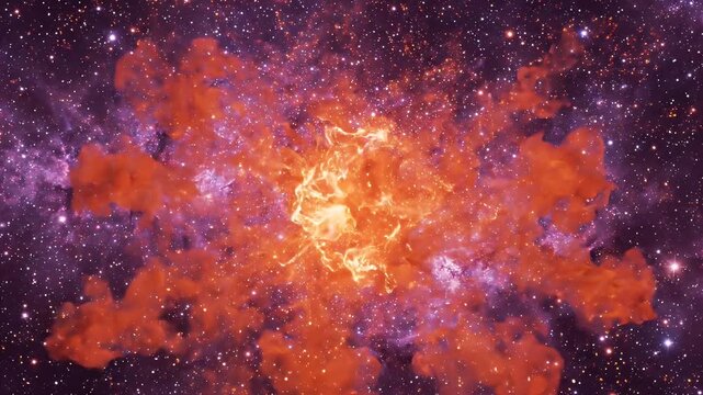 Exploding Cosmic Pumpkin Nebula Dissolving - A vibrant, glowing formation resembling a pumpkin in space erupts and dissolves into millions of particles.