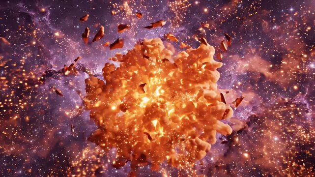 Exploding Celestial Object in Nebula - A giant, glowing, pumpkin-like celestial formation is captured mid-explosion, dissolving into millions of fiery fragments and particles.