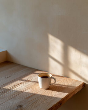 Sunlight dances across a wooden table. Cup of coffee rests quietly, untouched. Soft shadows stretch along a warm, textured wall. Calm, still, and inviting - a quiet morning moment