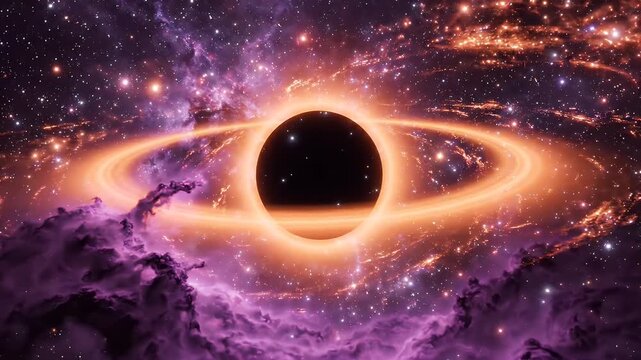 Black Hole Gravitational Lens Effect in Nebula - A black hole with a bright orange accretion disk dominates the center of the frame, distorting the light of distant stars and galaxies.