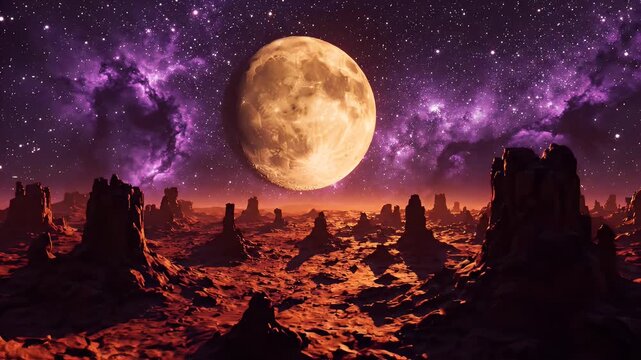 Orange Moon Over Alien Desert Landscape - A colossal orange moon hangs in a starry, purple nebula-filled sky above a barren, rocky alien landscape.
