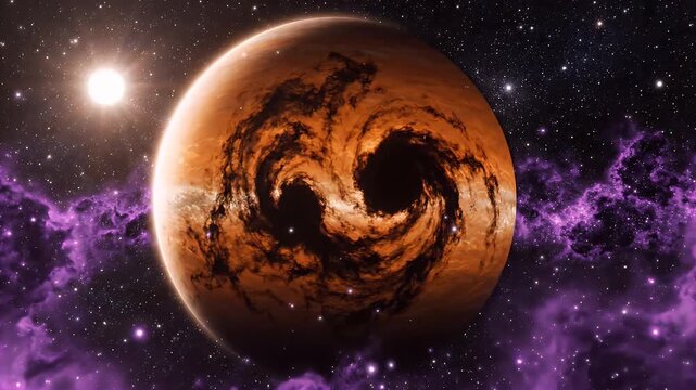 Giant Orange Gas Giant Planet with Swirling Storms - A colossal orange gas giant dominates the frame, its surface a canvas of dark, swirling storm patterns reminiscent of a vortex.