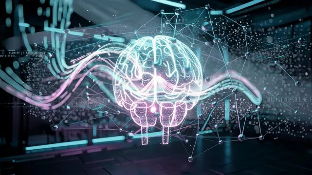 Glowing digital brain hologram floating inside a futuristic server room