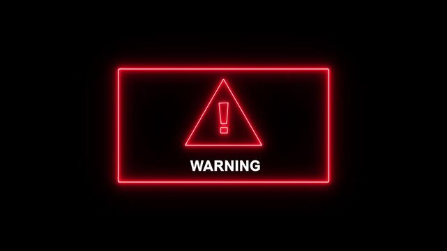 Neon warning sign with exclamation mark symbol, glowing red alert motion for security and safety notifications