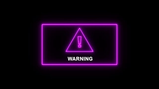 Neon warning sign with exclamation mark, glowing purple alert symbol on black background