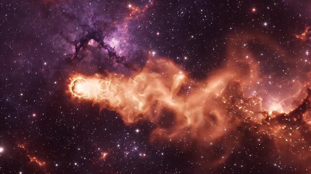 Glowing Orange Comet Streaking Through Purple Cosmos - A luminous orange comet with a fiery tail blazes across a deep space backdrop filled with stars and nebulae in shades of purple and orange.