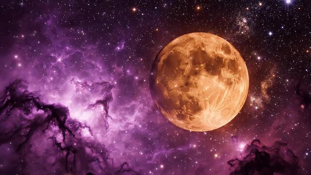 Glowing Orange Planet in Purple Nebula with Stars - A vivid orange planet dominates the right side of the frame, set against a swirling purple nebula filled with countless bright stars.