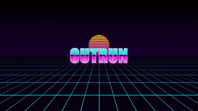 Retro 80s Synthwave Style Animation with Glowing Outrun Text and Sunset Grid