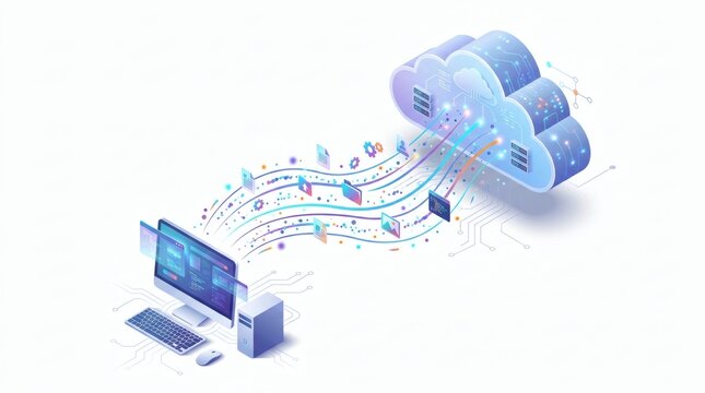 Isometric Cloud Computing Concept with Data Flow, Synchronization, and Services from Desktop PC to Digital Infrastructure