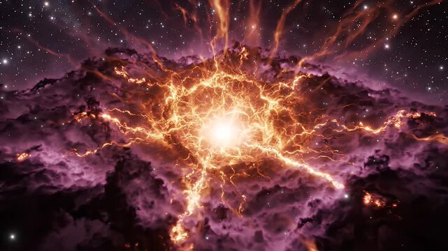 Exploding Supernova Remnant in Nebula - A brilliant orange supernova remnant explodes outwards, its fiery tendrils reaching through a dark, star-filled purple nebula.
