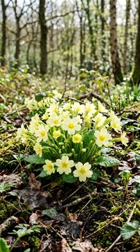 Wild primroses blooming in a sunlit forest clearing during springtime.