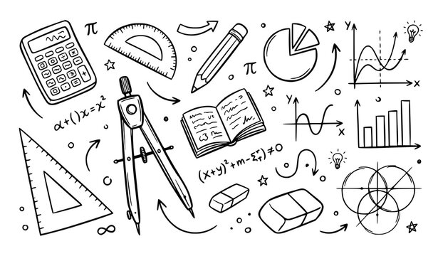 Math Education Icon Set Line Art Vector, Hand Drawn School Elements With Calculator Compass Ruler Graph Illustration