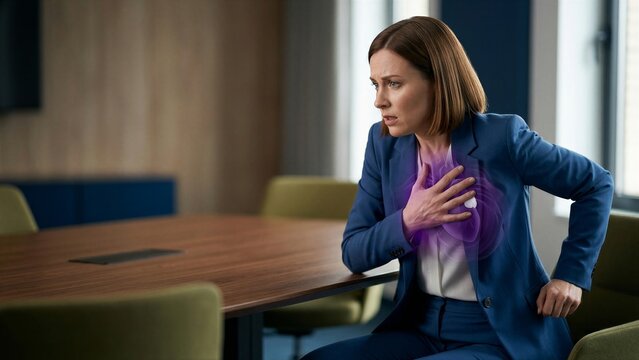 Woman in business suit clutching her chest in office. Concept of cardiovascular pain and health awareness. Female professional feeling sudden heart attack or distress at workplace