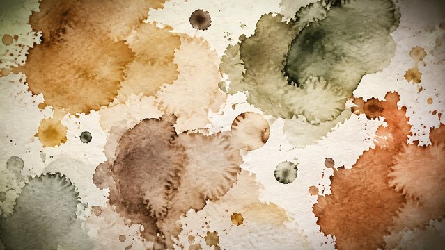 An organic and artistic abstract background is formed by various irregular watercolor ink splatters and stains in natural earthy brown and green tones.