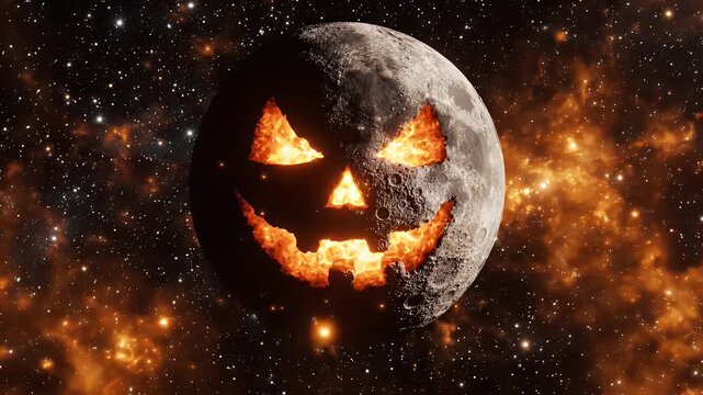 Spooky Halloween Moon in Deep Space Nebula - A full moon carved with a jack-o'-lantern face floats ominously in the vastness of space, illuminated by a vibrant orange cosmic nebula.