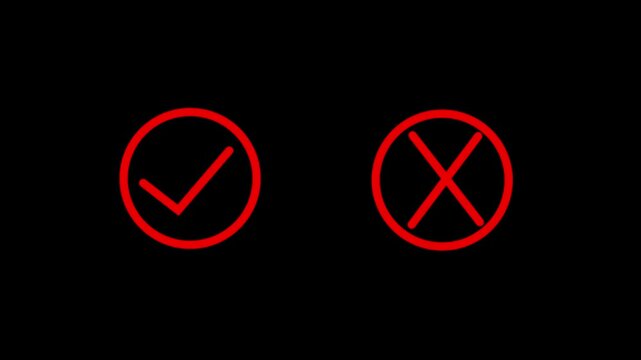 Red checkmark and cross sign on black background, minimalist symbols for choice and decision making tick