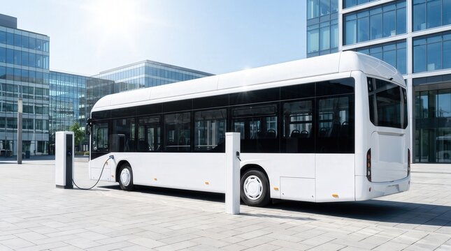 Modern white electric bus charging at a city station, showcasing sustainable urban mobility and green energy transport for smart city infrastructure and public transit marketing.
