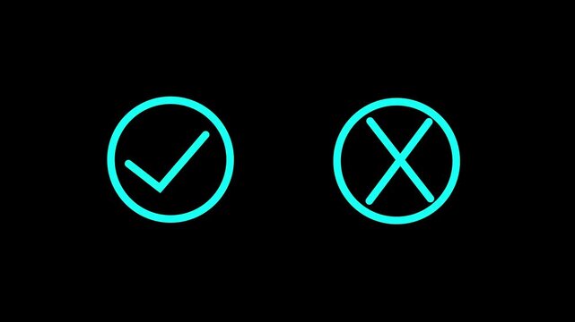 Neon cyan checkmark and x cross animation, glowing approval and rejection symbols for user interface