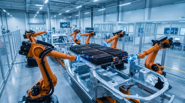 Automated robotic arms installing electric vehicle battery pack into car chassis, showcasing precision industrial technology for smart factory and sustainable transportation manufacturing.