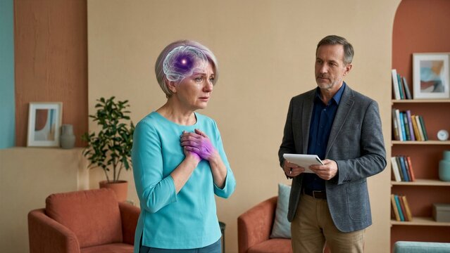 Woman patient with visual brain pain effect consults with a therapist. Senior woman in distress feeling headache and chest pain during a medical visit with a professional