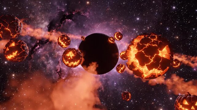 Glowing Halloween Planets Orbiting Dark Object in Nebula - A collection of glowing, fractured planetary fragments resembling jack-o'-lanterns orbit a large, dark central object amidst a vibrant