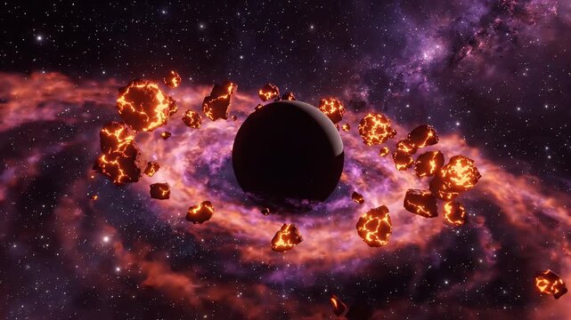 Planetary Fragments Orbiting Dark Object in Nebula - A dark, central object is surrounded by a ring of glowing, orange planetary fragments and a vibrant purple and orange nebula.