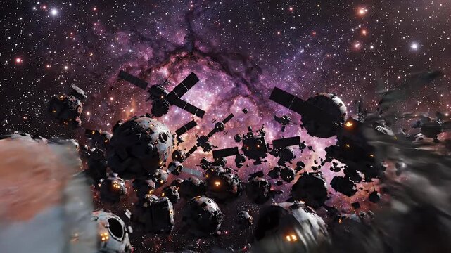 Abandoned Satellites Drifting in Cosmic Graveyard - This video depicts a desolate scene of derelict satellites and space debris drifting silently through the vast expanse of space.