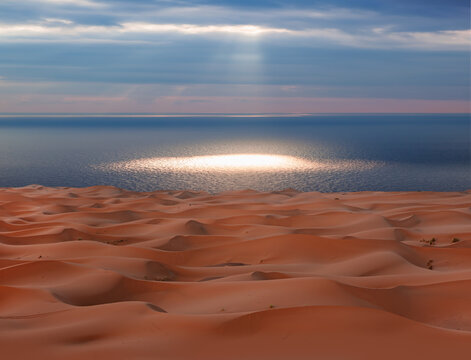 Sahara desert with Atlantic ocean meets near coast - Morocco, North Africa