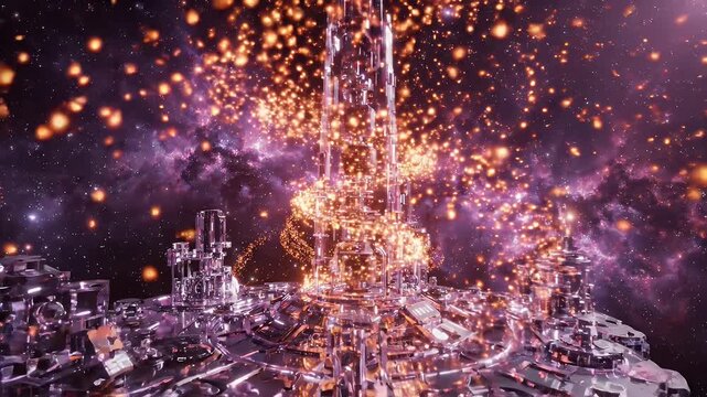 Futuristic Crystal Structure in Cosmic Nebula - A detailed, transparent crystalline structure, resembling a futuristic laboratory or city, floats in the vastness of space.