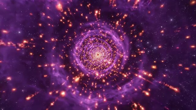 Abstract Cosmic Tunnel With Floating Particles - A visually stunning abstract depiction of a cosmic tunnel, featuring a vortex of swirling purple nebulae and glowing orange particles.