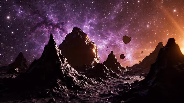 Alien Mountain Landscape Floating in Cosmic Nebula - A dramatic, dark mountain range rises from the surface of a fictional asteroid, set against a vibrant purple and orange cosmic nebula.