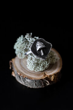 A silver ring with a mushroom design rests on a piece of wood, surrounded by green moss. The background is black, highlighting the ring's details.