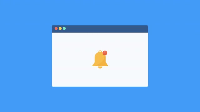 Animated video showing a computer cursor clicking a notification bell icon with an alert badge inside a web browser window on a blue background.