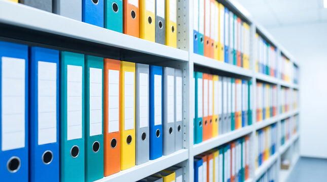 Multicolored office ring binders arranged neatly on white metal shelves in a bright professional archive