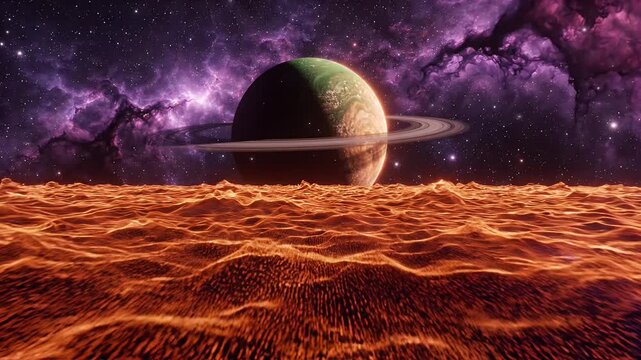 Cosmic Ocean Planet Landscape with Nebula - A stunning view of a ringed planet in a vibrant nebula, with a foreground of glowing, textured orange waves resembling a cosmic ocean.