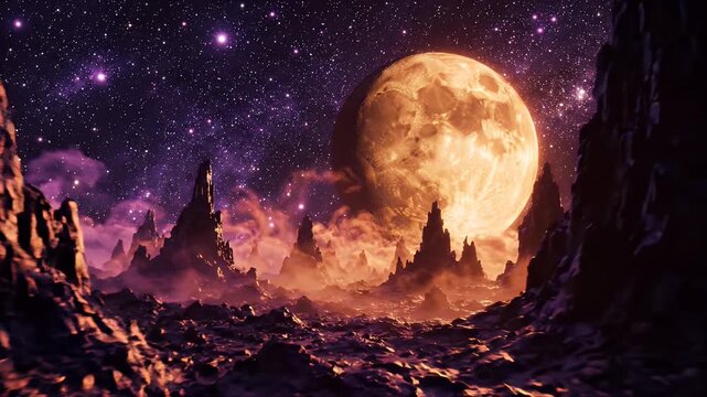 Alien Planet Landscape with Giant Moon Horizon - A surreal, alien landscape under a starry, purple sky features jagged, dark rock formations in the foreground.