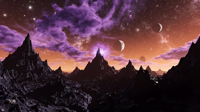 Alien Planet Landscape with Twin Moons and Nebula - A dramatic vista of a fictional alien planet featuring jagged, dark mountain ranges under a glowing orange sky.