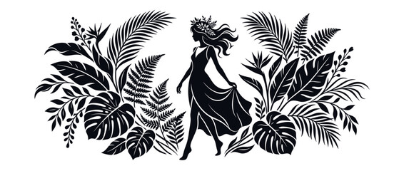 Silhouette Woman Tropical Leaves Floral Wreath Isolated © farid