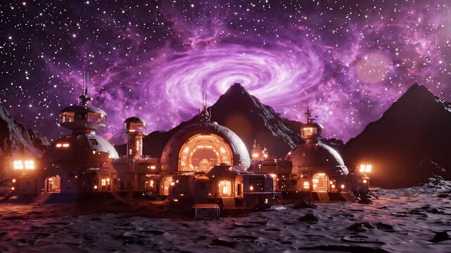 Futuristic Moon Base Illuminated by Orange Lights Under Nebula Sky - A fictional futuristic moon base is depicted on a desolate lunar surface, illuminated by warm orange lights from its structures.