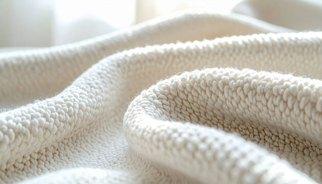 Pale boucle upholstery fabric with dense looped nubs curving gently under soft window light in creamy warm tones generative AI